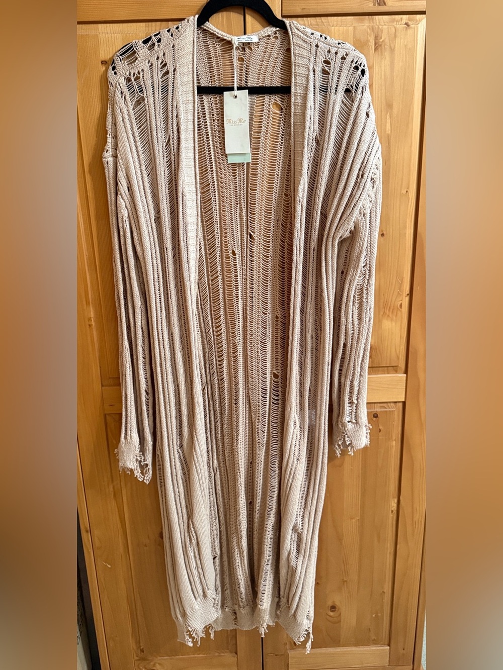 Miss Me Beige Open Knit Long Cardigan